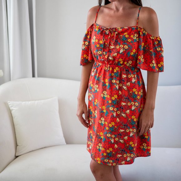 Peach Love California Off Shoulder Tie Dress LG - Picture 1 of 4